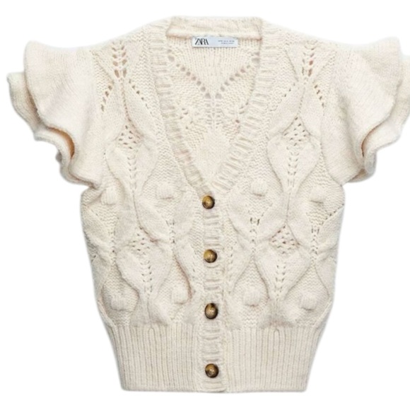 Zara Sweaters - ZARA Cable-Knit Bobble Cardigan Vest – Puff Cap Sleeves, Cropped Cream, Size M